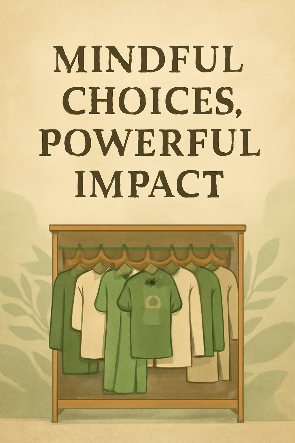 Digital illustration with the tagline 'Mindful Choices, Powerful Impact,' showcasing a wardrobe filled with eco-friendly, sustainable garments to highlight conscious fashion choices