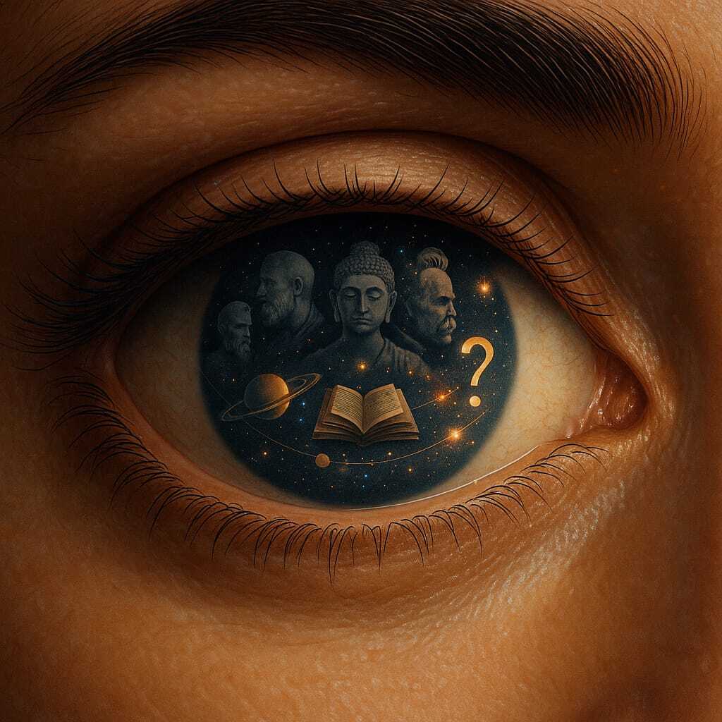 “Surreal eye with symbolic representations of philosophers from Indian and Western traditions, reflecting inner reflection and timeless wisdom.”