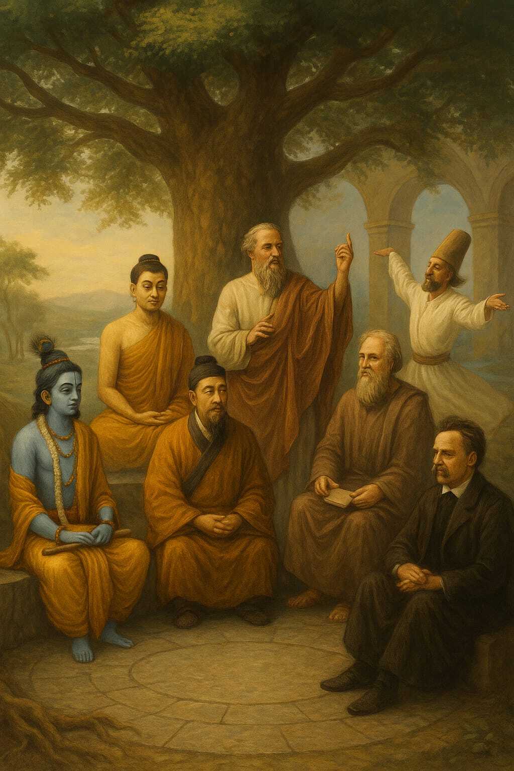 great philosophers from Eastern and Western traditions gathered under a grand Bodhi tree.