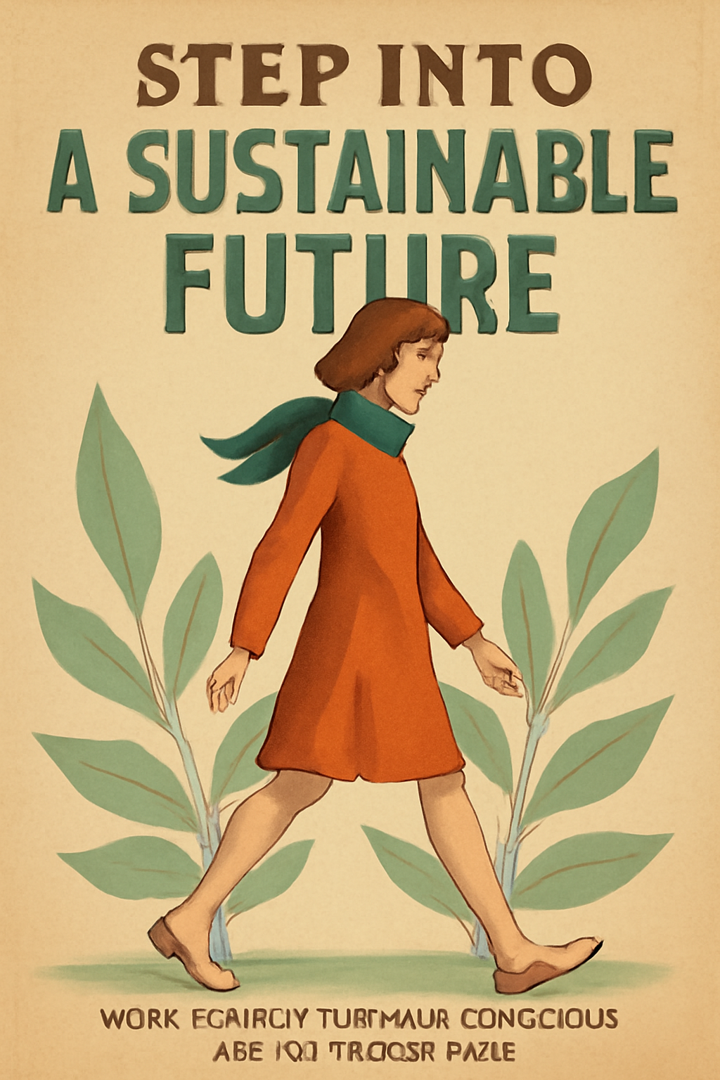 Vintage-style poster with the tagline 'Step Into a Sustainable Future,' featuring a young woman in a burnt-orange dress walking toward a greener future, surrounded by leafy elements symbolizing eco-conscious fashion.